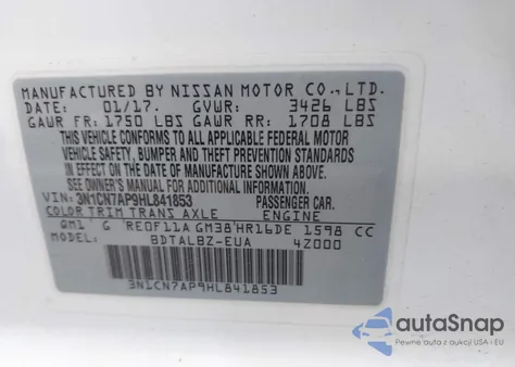 2017 Nissan Versa 1.6 Sv from USA, damaged, VIN 3N1CN7AP9HL841853